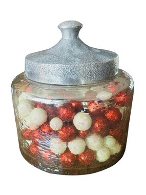 IMAX Round Glass Canister Jar 6.5” Green Luster Hammered Nickel Lid